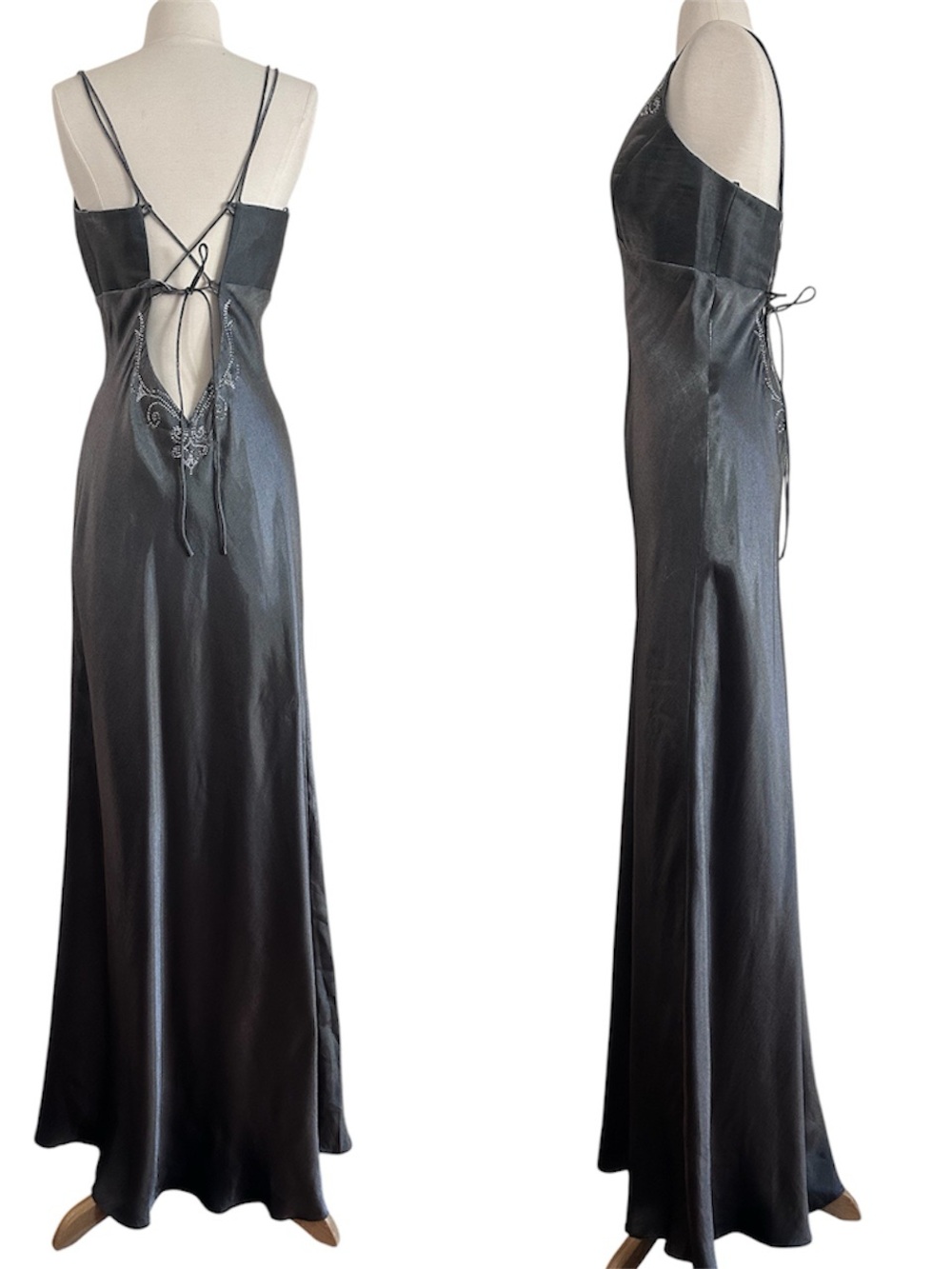90s Y2K Iridescent Silver Prom Formal Dress Goth Fairy Sz S Lace Up Back - Picture 3 of 13